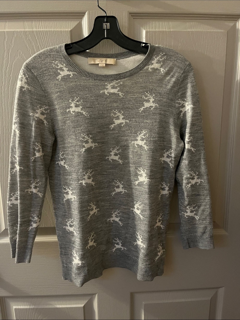 LOFT Gray Crewneck Sweater with White Reindeer Motif